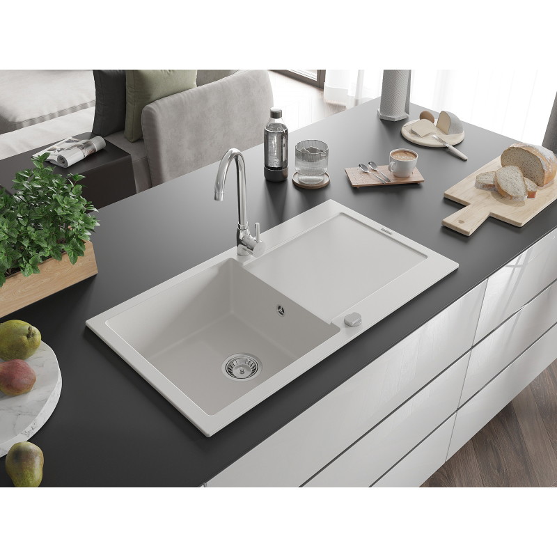 Mexen Leo granite kitchen sink 1-bowl with drainer and kitchen faucet Telma, white - 6501-20-670200-00