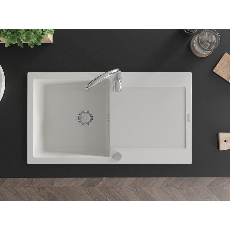 Mexen Leo granite kitchen sink 1-bowl with drainer and kitchen faucet Telma, white - 6501-20-670200-00