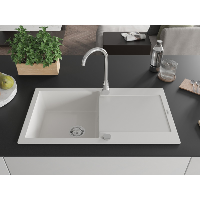 Mexen Leo granite kitchen sink 1-bowl with drainer and kitchen faucet Telma, white - 6501-20-670200-00