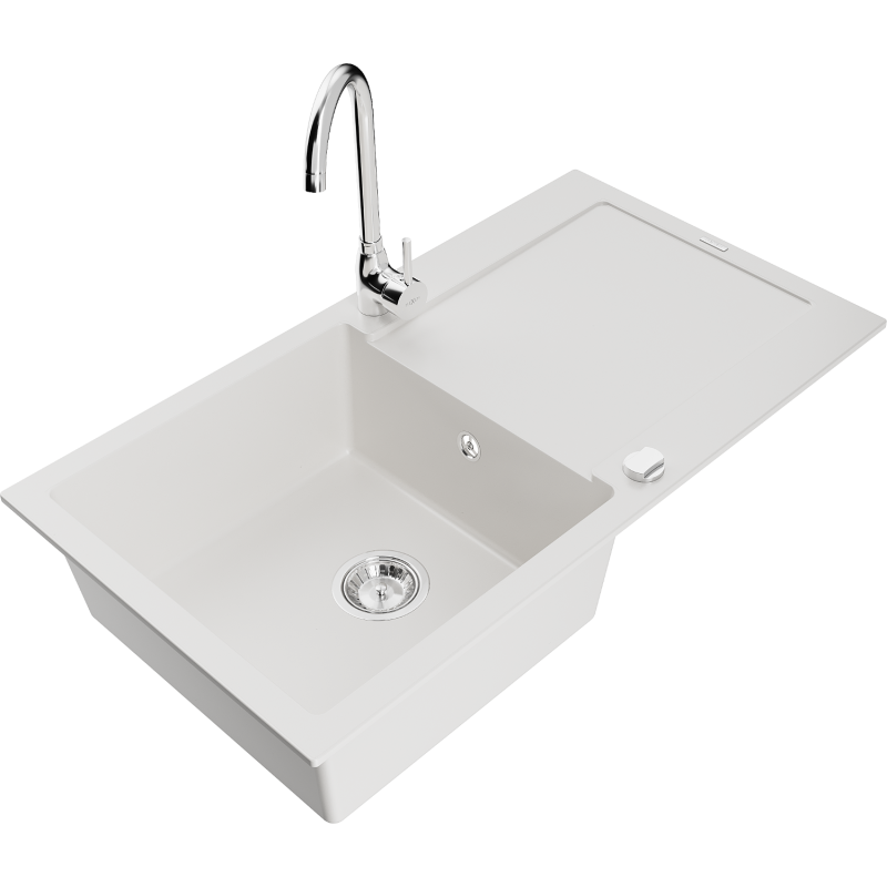 Mexen Leo fregadero de granito de 1 cubeta con escurridor y grifo de cocina Telma, blanco - 6501-20-670200-00