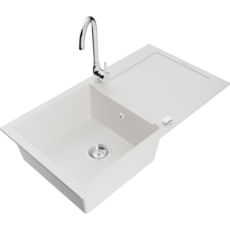 Mexen Leo granite kitchen sink 1-bowl with drainer and kitchen faucet Telma, white - 6501-20-670200-00
