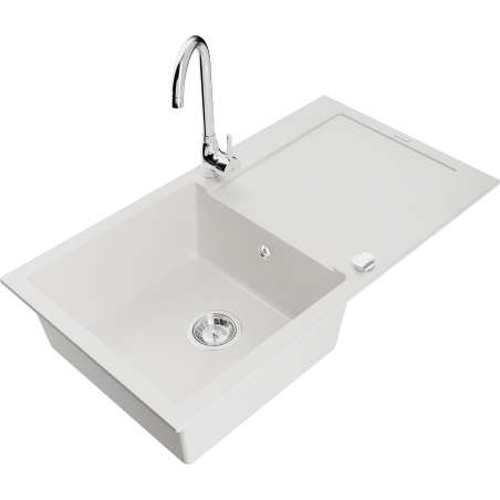Mexen Leo granite kitchen sink 1-bowl with drainer and kitchen faucet Telma, white - 6501-20-670200-00