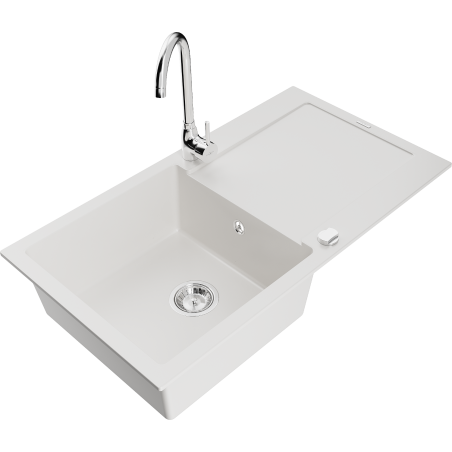 Mexen Leo granite sink 1-bowl with drainer and Telma kitchen tap, white - 6501-20-670200-00