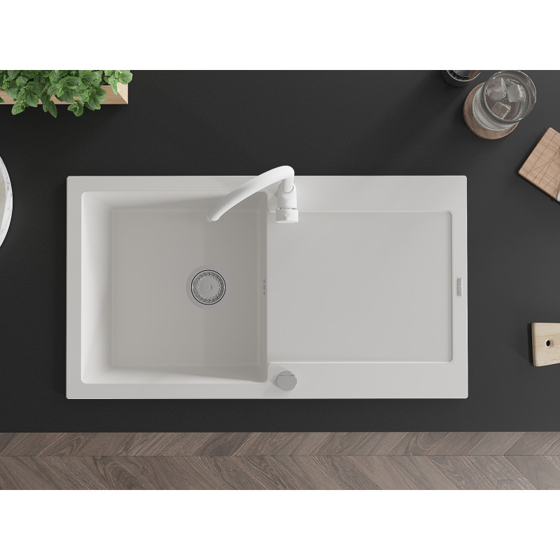 Mexen Leo fregadero de granito de 1 seno con escurridor y grifo de cocina Telma, blanco - 6501-20-670200-20