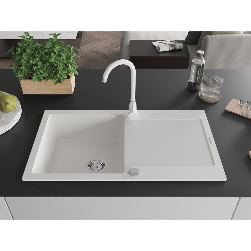 Mexen Leo fregadero de granito de 1 seno con escurridor y grifo de cocina Telma, blanco - 6501-20-670200-20