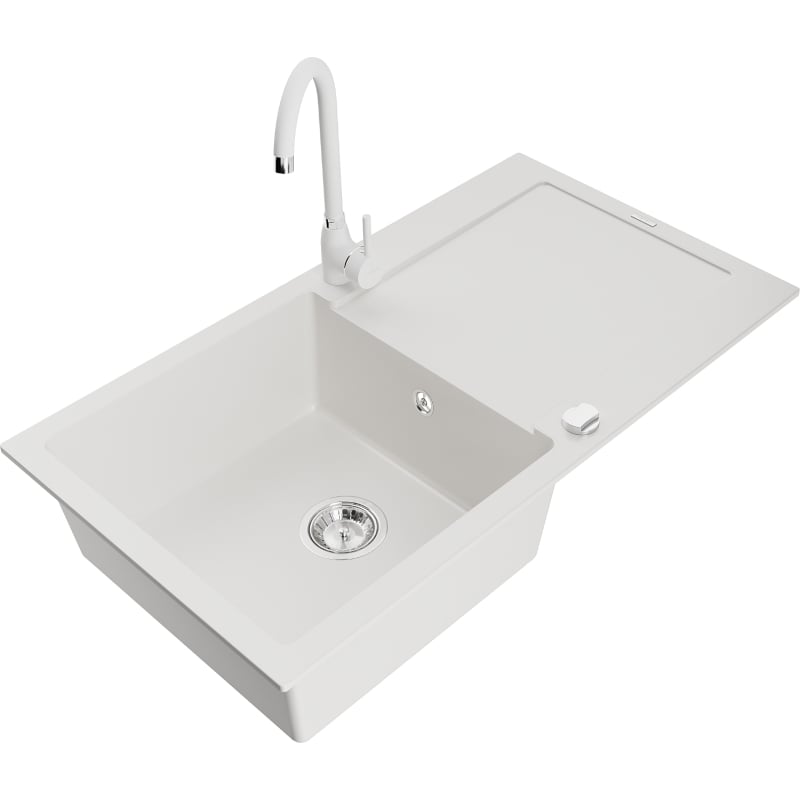 Mexen Leo granite single-bowl kitchen sink with drainer and kitchen faucet Telma, white - 6501-20-670200-20