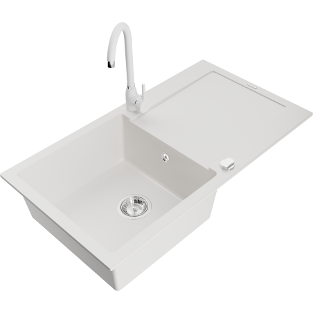 Mexen Leo fregadero de cocina de granito de 1 seno con escurridor y grifo de cocina Telma, blanco - 6501-20-670200-20