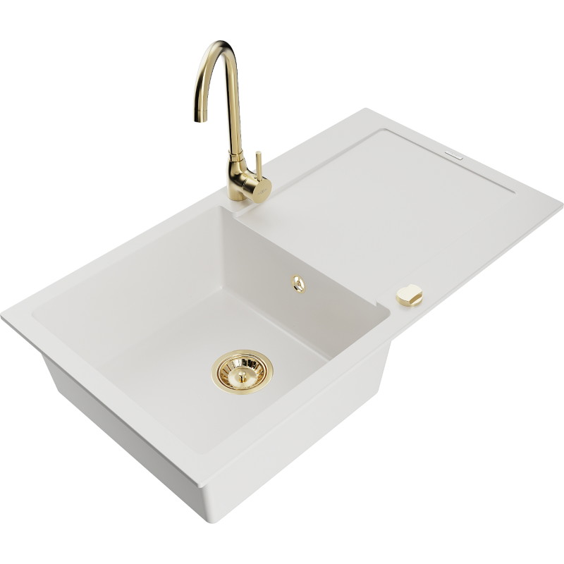 Mexen Leo 1-Bowl Granite Kitchen Sink with Drainer and Telma Faucet, White - 6501-20-670200-50