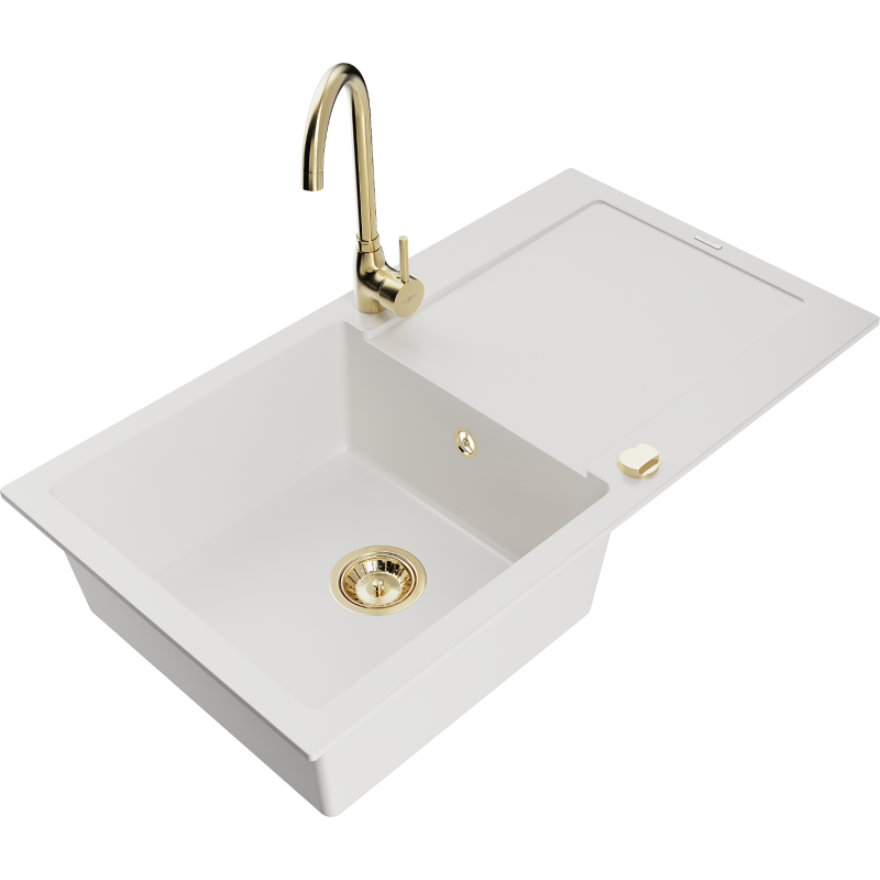 Mexen Leo single-bowl granite sink with drainer and Telma kitchen tap, white - 6501-20-670200-50