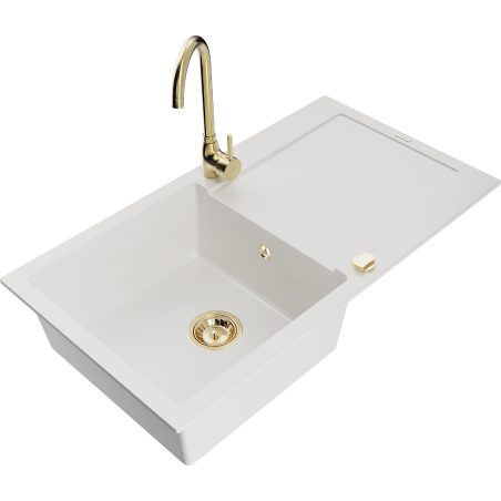 Mexen Leo fregadero de granito de 1 cubeta con escurridor y grifo de cocina Telma, blanco - 6501-20-670200-50