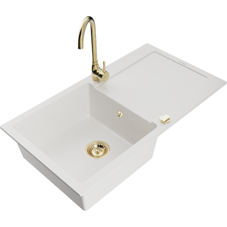 Mexen Leo single-bowl granite sink with drainer and Telma kitchen tap, white - 6501-20-670200-50