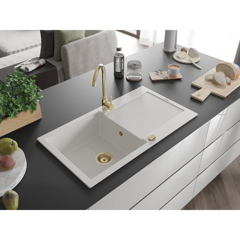 Mexen Leo 1-Bowl Granite Kitchen Sink with Drainer and Telma Faucet, White - 6501-20-670200-50