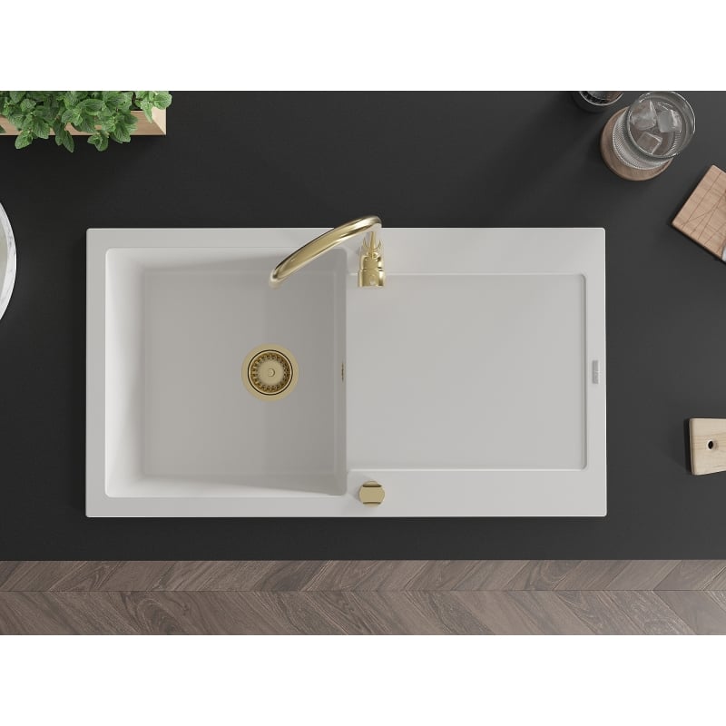 Mexen Leo 1-Bowl Granite Kitchen Sink with Drainer and Telma Faucet, White - 6501-20-670200-50