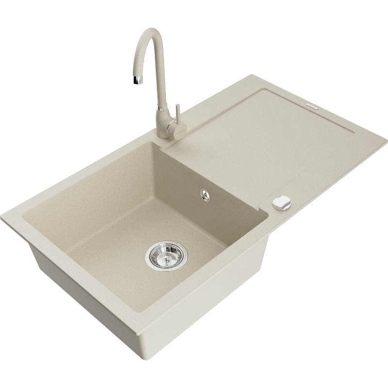 Mexen Leo évier en granit 1 bac avec égouttoir et robinet de cuisine Telma, beige - 6501-69-670200-69