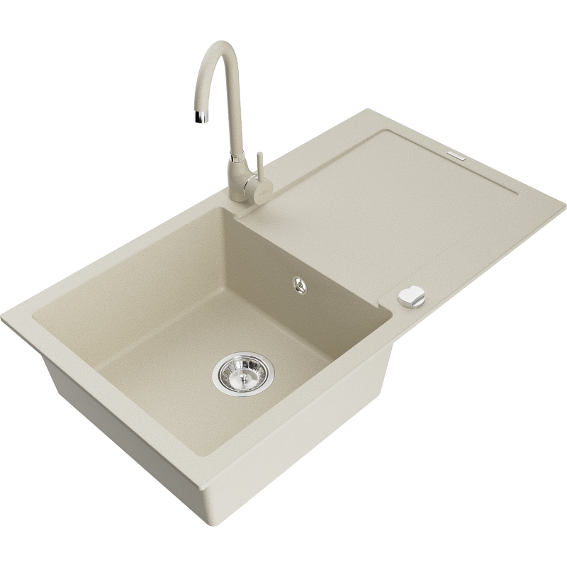 Mexen Leo granieten spoelbak met 1 bak, afdruiprek en keukenmengkraan Telma, beige - 6501-69-670200-69