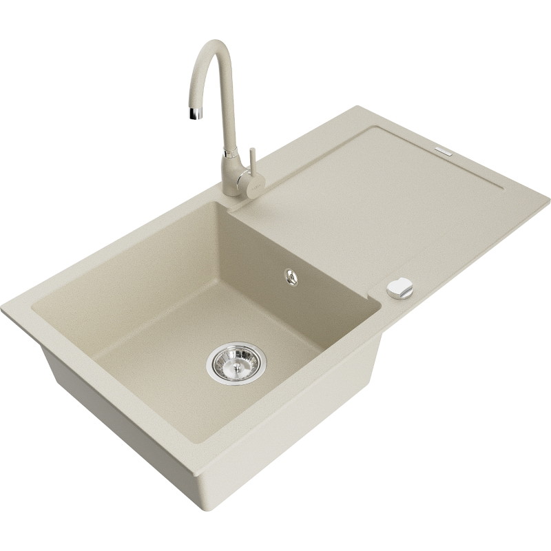 Mexen Leo granite kitchen sink 1-bowl with drainer and Telma kitchen faucet, beige - 6501-69-670200-69