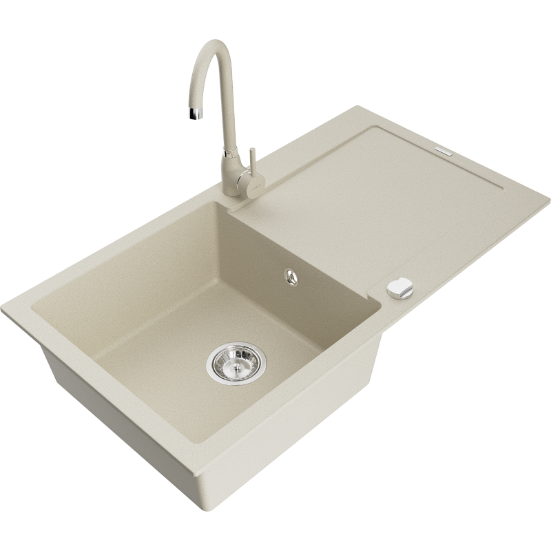Mexen Leo lava-loiça de granito de uma só bacia com escorredor e torneira de cozinha Telma, bege - 6501-69-670200-69
