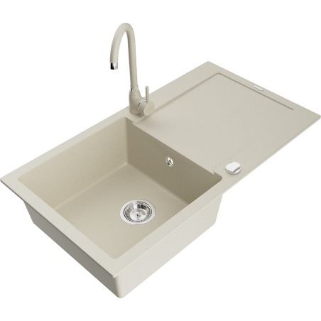 Mexen Leo granitā izlietne ar vienu nodalījumu, noteces vietu un virtuves jaucējkrānu Telma, bēša - 6501-69-670200-69