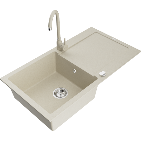 Mexen Leo granite kitchen sink 1-bowl with drainer and Telma kitchen faucet, beige - 6501-69-670200-69