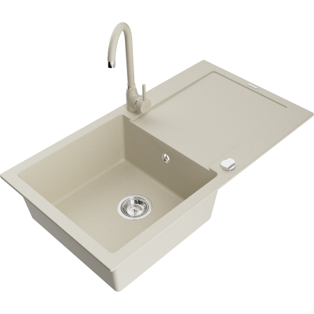 Mexen Leo granite kitchen sink 1-bowl with drainer and Telma kitchen tap, beige - 6501-69-670200-69