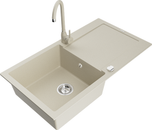 Mexen Leo évier en granit 1 bac avec égouttoir et robinet de cuisine Telma, beige - 6501-69-670200-69