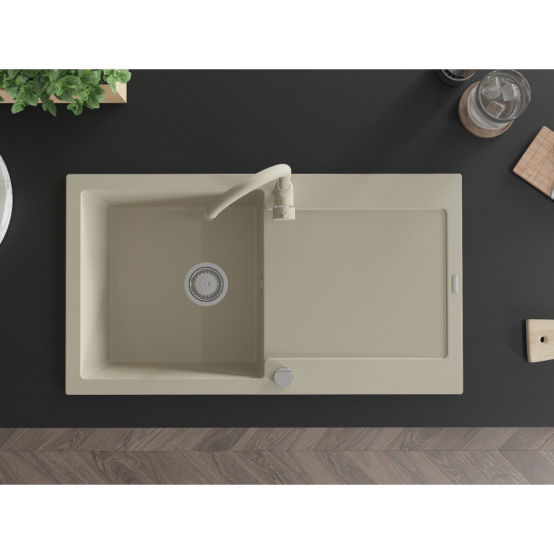 Mexen Leo granite kitchen sink 1-bowl with drainer and Telma kitchen faucet, beige - 6501-69-670200-69