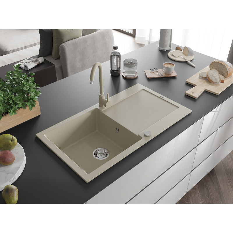 Mexen Leo granite kitchen sink 1-bowl with drainer and Telma kitchen faucet, beige - 6501-69-670200-69