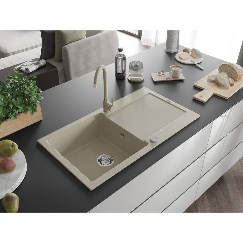 Mexen Leo granite kitchen sink 1-bowl with drainer and Telma kitchen tap, beige - 6501-69-670200-69