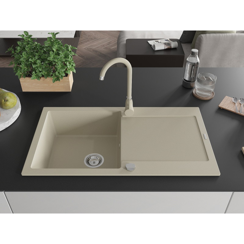 Mexen Leo granite kitchen sink 1-bowl with drainer and Telma kitchen faucet, beige - 6501-69-670200-69