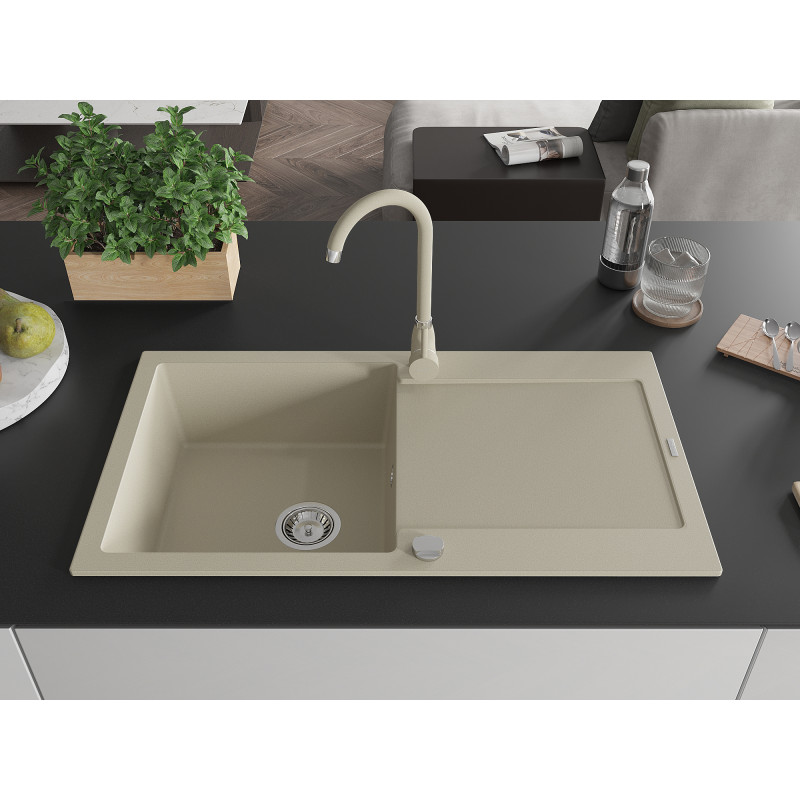 Mexen Leo granitische spoelbak 1-komorige met afdruipblad en keukenkraan Telma, beige - 6501-69-670200-69