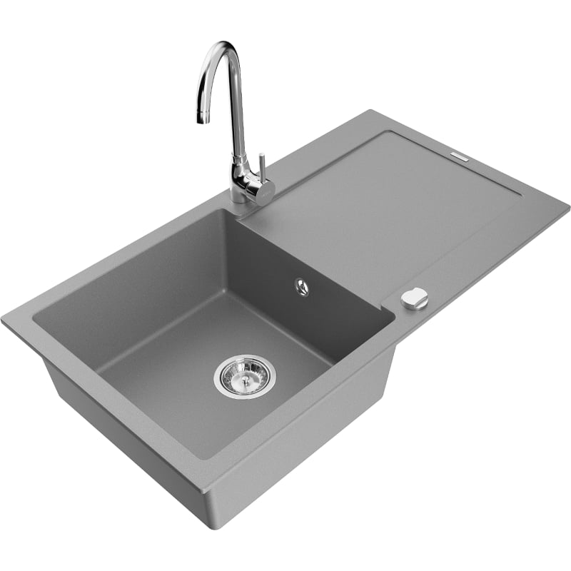 Mexen Leo granite kitchen sink 1-bowl with drainer and Telma kitchen faucet, gray - 6501-71-670200-00