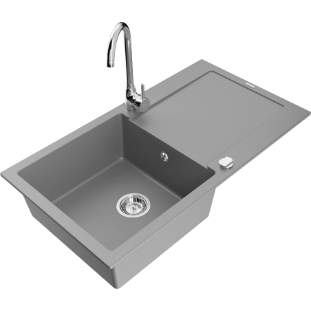 Mexen Leo granite kitchen sink 1-bowl with drainer and Telma kitchen faucet, gray - 6501-71-670200-00
