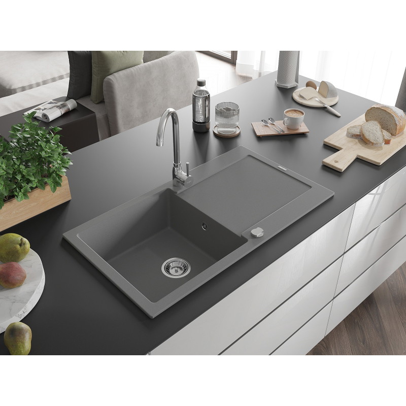 Mexen Leo granite kitchen sink 1-bowl with drainer and Telma kitchen faucet, gray - 6501-71-670200-00