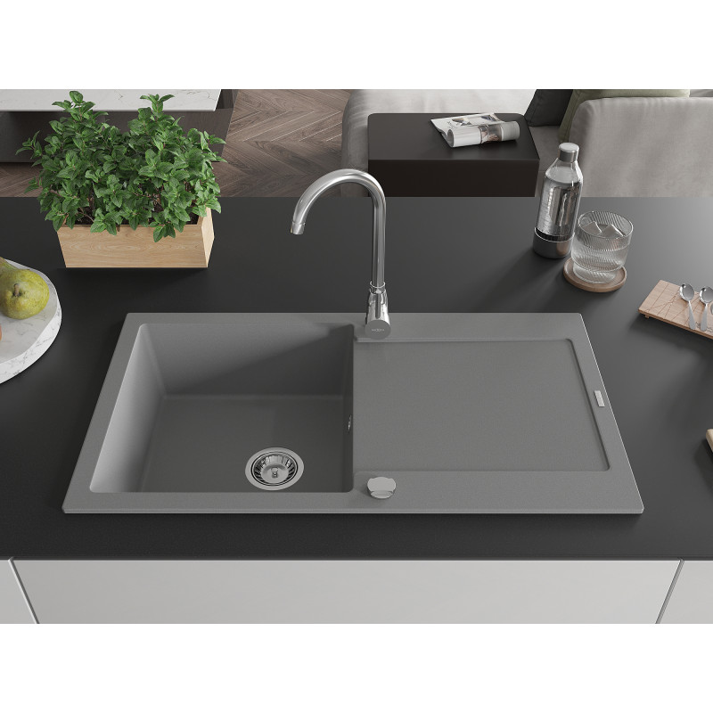 Mexen Leo fregadero de granito de 1 seno con escurridor y grifo de cocina Telma, gris - 6501-71-670200-00