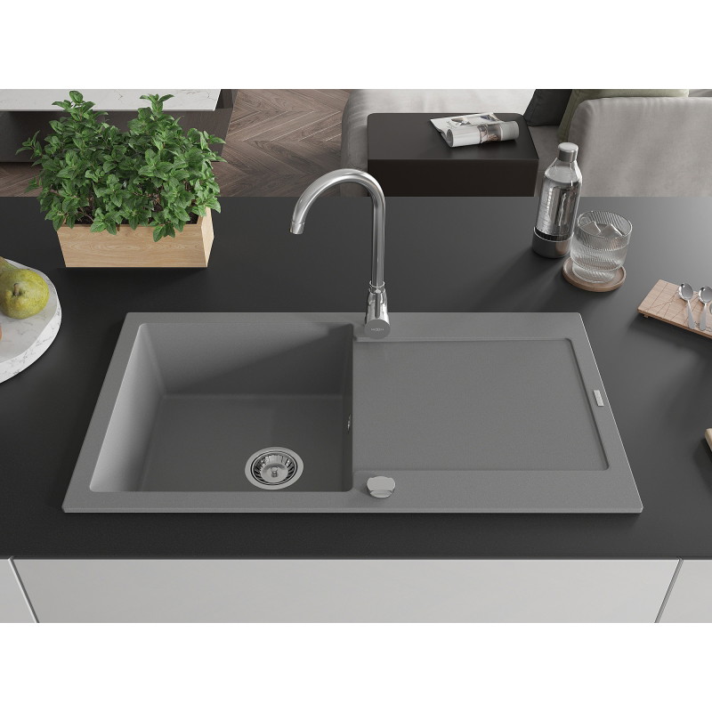 Mexen Leo granite kitchen sink 1-bowl with drainer and Telma kitchen faucet, gray - 6501-71-670200-00