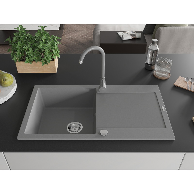 Mexen Leo 1-bowl granite sink with drainer and Telma kitchen faucet, gray - 6501-71-670200-71
