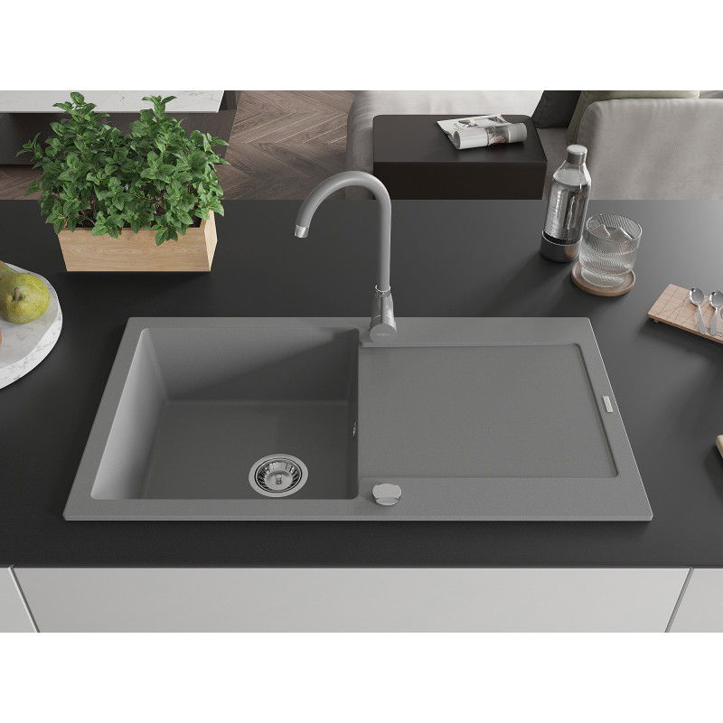 Mexen Leo granite kitchen sink 1-bowl with drainer and Telma kitchen tap, grey - 6501-71-670200-71