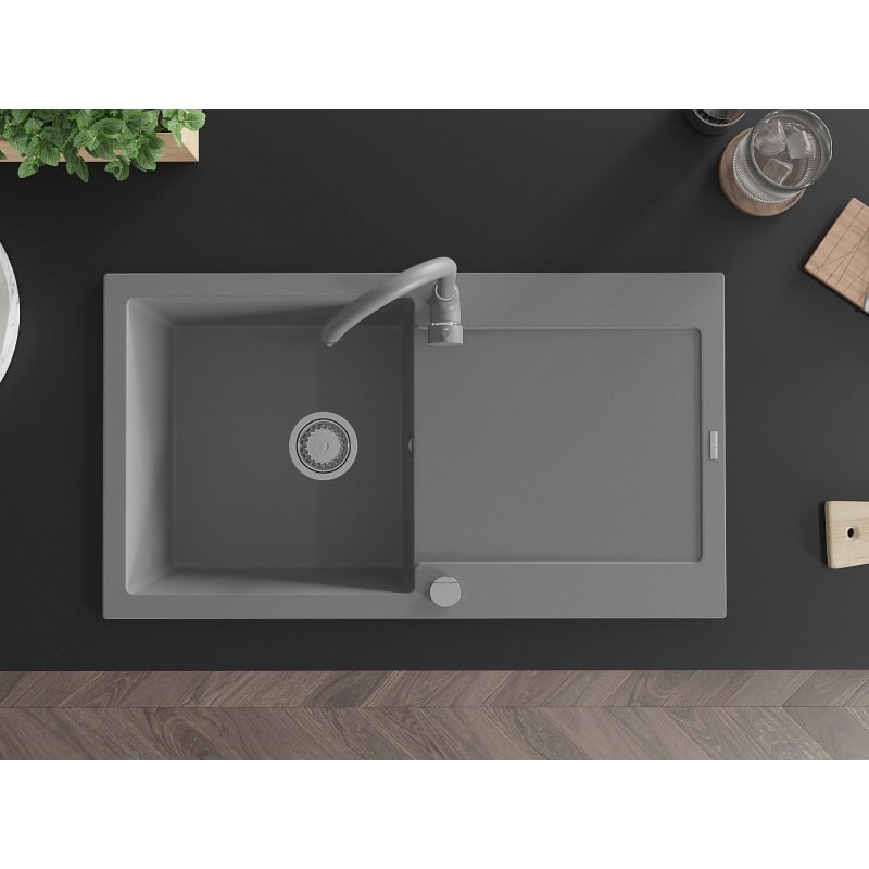 Mexen Leo 1-bowl granite sink with drainer and Telma kitchen faucet, gray - 6501-71-670200-71