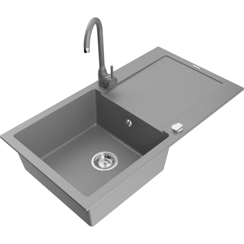 Mexen Leo 1-bowl granite sink with drainer and Telma kitchen faucet, gray - 6501-71-670200-71