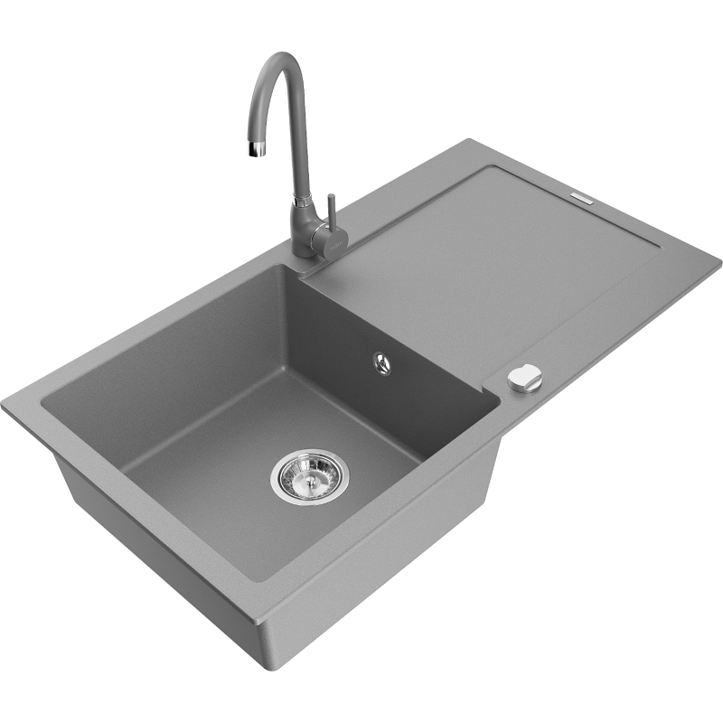 Mexen Leo granitē izlietne ar vienu kameru ar noteci un virtuves jaucējkrāns Telma, pelēka - 6501-71-670200-71