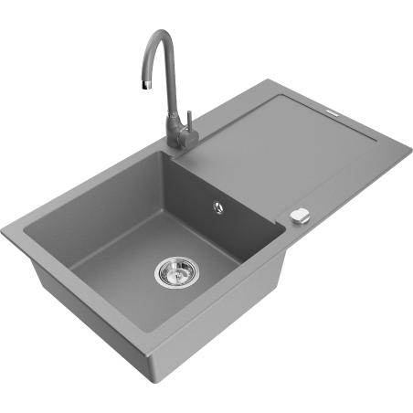 Mexen Leo 1-bowl granite sink with drainer and Telma kitchen faucet, gray - 6501-71-670200-71