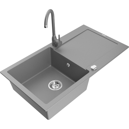 Mexen Leo évier en granit 1 bac avec égouttoir et robinet de cuisine Telma, gris - 6501-71-670200-71