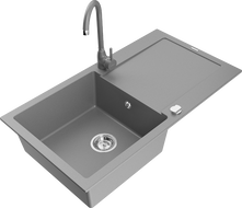 Mexen Leo 1-bowl granite sink with drainer and Telma kitchen faucet, gray - 6501-71-670200-71