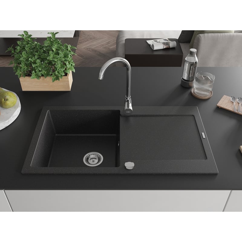 Mexen Leo granite sink 1-bowl with drainer and kitchen faucet Telma, black/silver metallic - 6501-73-670200-00
