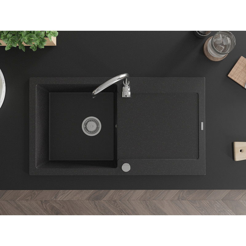 Mexen Leo Granitspüle 1-Kammer mit Abtropffläche und Küchenarmatur Telma, schwarz/silber metallic - 6501-73-670200-00