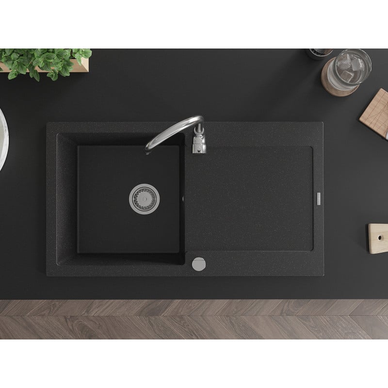 Mexen Leo lavello in granito 1 vasca con sgocciolatoio e rubinetto da cucina Telma, nero/argento metallizzato