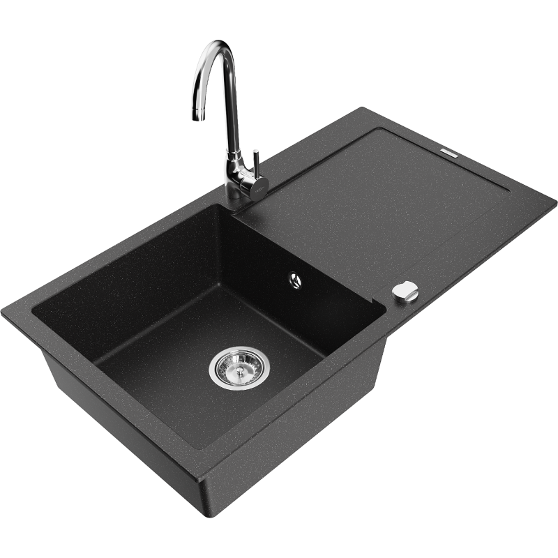 Mexen Leo granieten spoelbak 1-kompartment met afdruiprek en keukenmengkraan Telma, zwart/zilver metallic - 6501-73-670200-00