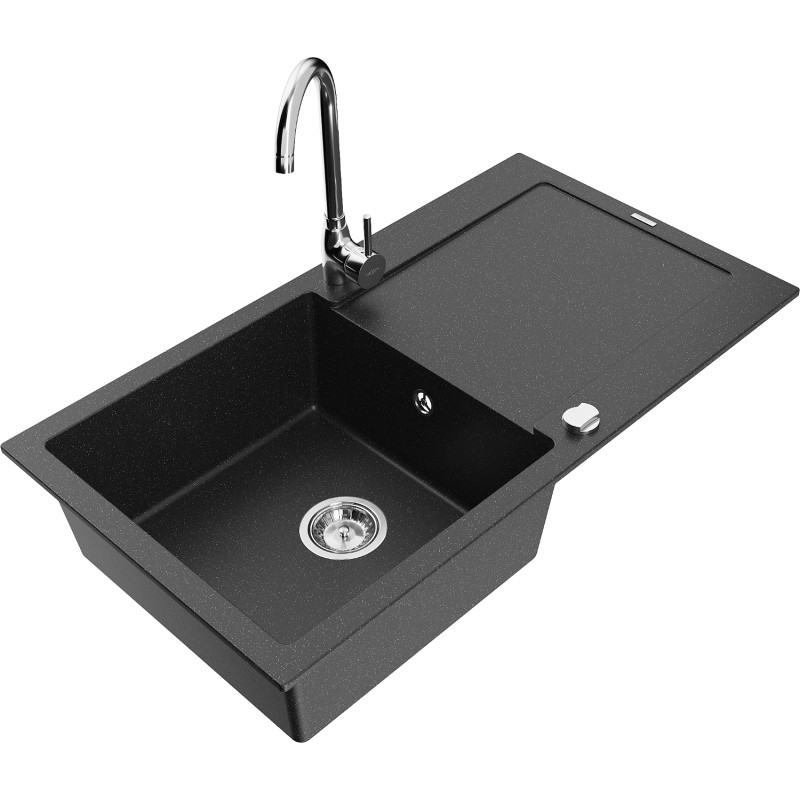Mexen Leo granite sink 1-bowl with drainer and kitchen faucet Telma, black/silver metallic - 6501-73-670200-00