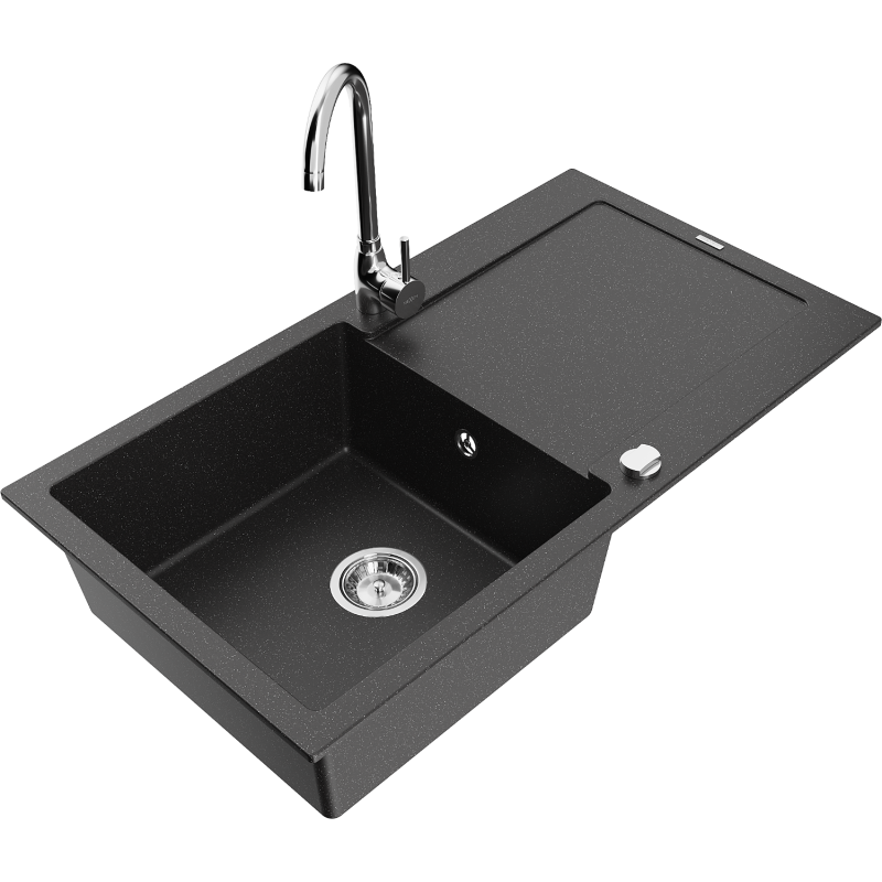 Mexen Leo lavello in granito 1 vasca con sgocciolatoio e rubinetto da cucina Telma, nero/argento metallizzato