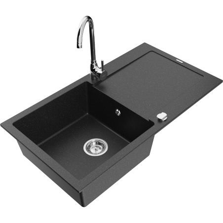 Mexen Leo granite sink 1-bowl with drainer and kitchen faucet Telma, black/silver metallic - 6501-73-670200-00